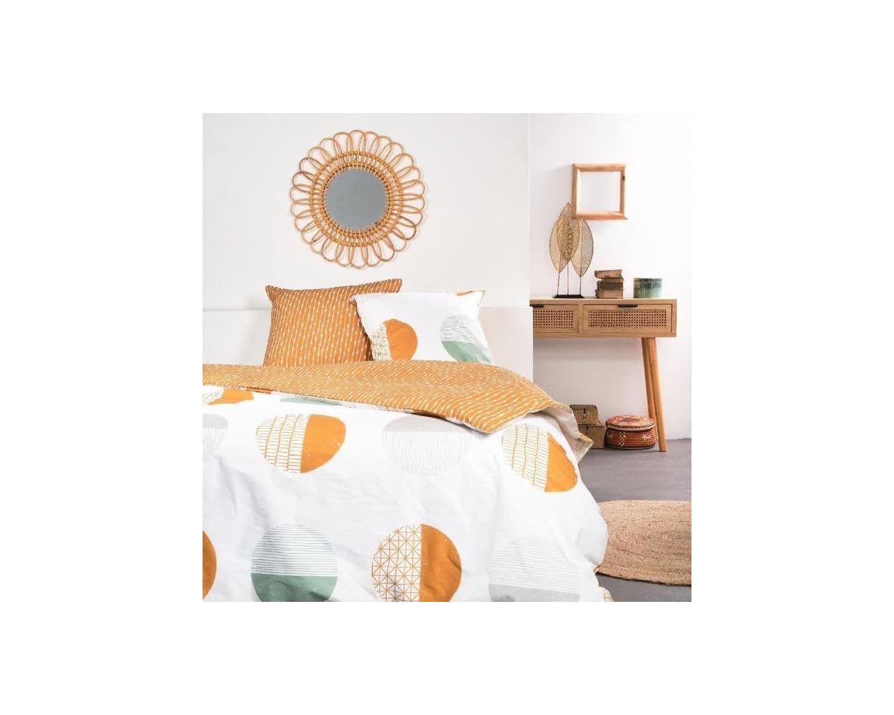 TODAY Sunshine Double Reversible Cotton Duvet Cover Set Circles Print – White/Orange – 240 x 260 cm