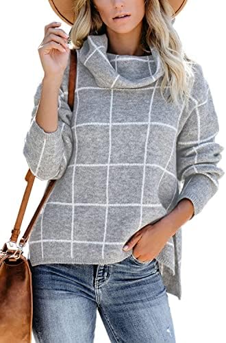 AOISAGULA Women’s Turtleneck Grid Sweaters Casual Knit Pullover Long Sleeve Winter Cozy Sweatshirt Loose Fit Jumper Tops