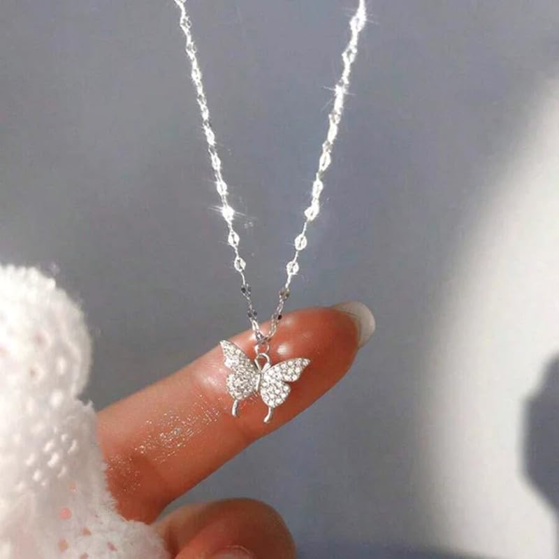 Image of Zarkan 925 Sterling Silver Butterfly Pendant with chain ring Jewellery Set | Rhodium Plated,American diamond | Gift for Women & Girls