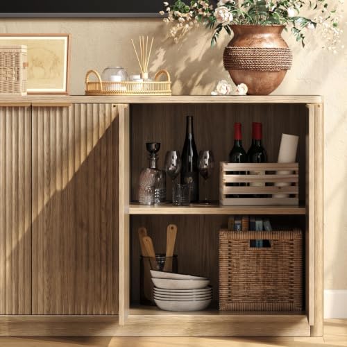 Image of Evermagin 67 inch Fluted Oak Buffet Cabinet Sideboard with Storage, Large Credenza with 6 Doors, Wood Mid Century Modern Sideboard for Kitchen and Living Room (67 inch*31.5 inch*15.7 inch)