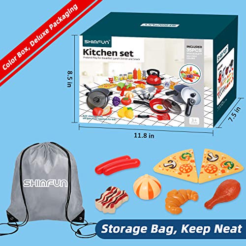 Shimfun Play Kitchen Accessories, 35Pcs Pretend Play Food & Cooking Toys for Toddlers, Kids Kitchen Playset with Utensils Pots and Pans, Cutting Food Fruit and Vegetables - Gifts for Girls & Boys