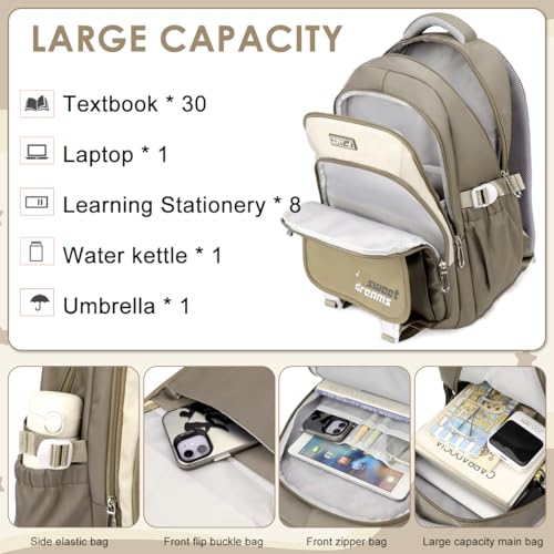 Image of PALAY School Backpack Multi Compartment Schoolgirls Backpack Khaki Cute Cartoon Casual Travel Padded Shoulder Strap Students Book Bag Carry-on Children's Day Gift