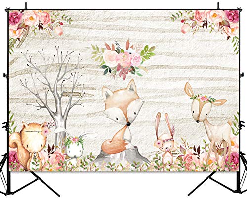 Sensfun Rustic Girl Woodland Animals Baby Shower Backdrop Pink Floral Woodland 1st Birthday Decoration Fox Forest Friends