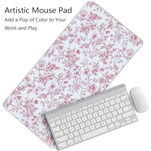 Image of Pink Chinoiserie Mouse Pad,Vintage Pink and White Floral Desk Mat,XL Large Vintage Flowers Preppy Mouse Pad,Girly Laptop Desk Mat for Dorm Home Office,23.6x11.8 Inch