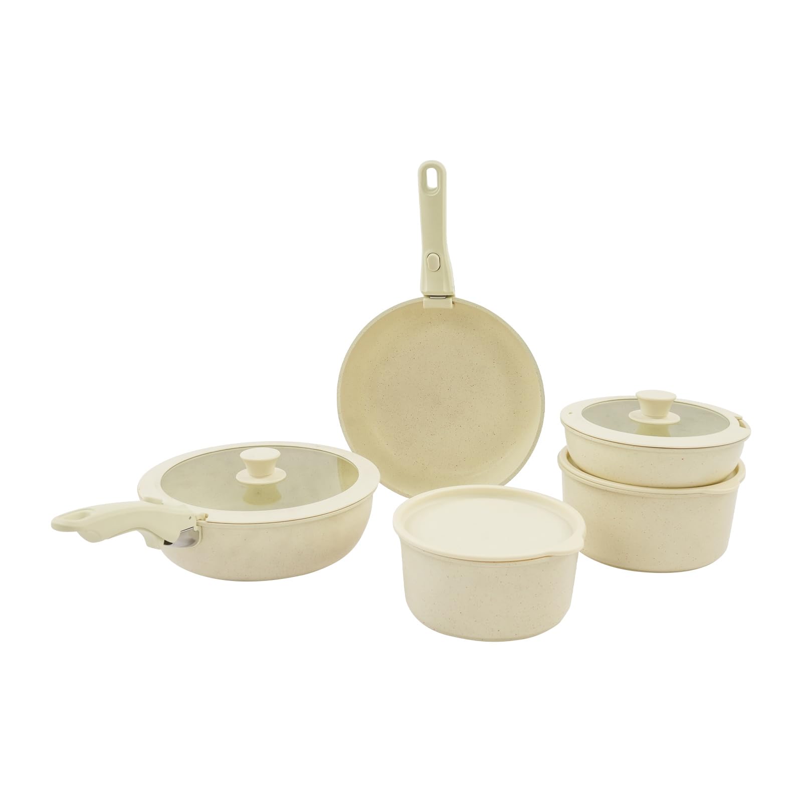 15-Teilig Kochgeschirr-Set,Antihaft Pfanneset Vielseitiges Topf＆Pfannensets mit Abnehmbarem Griff Tragbar Töpfe und Pfannen Kochtopf Set für Küche (Beige)