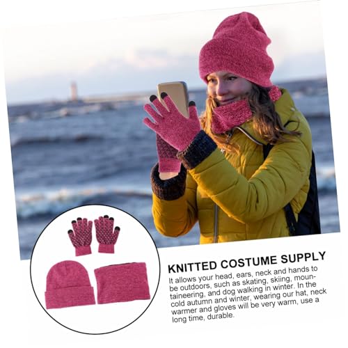 Winter Warm Knit Hat Windproof Cap Gloves Neck Scarf Comfortable Knitwear for Outdoor Activities Red4