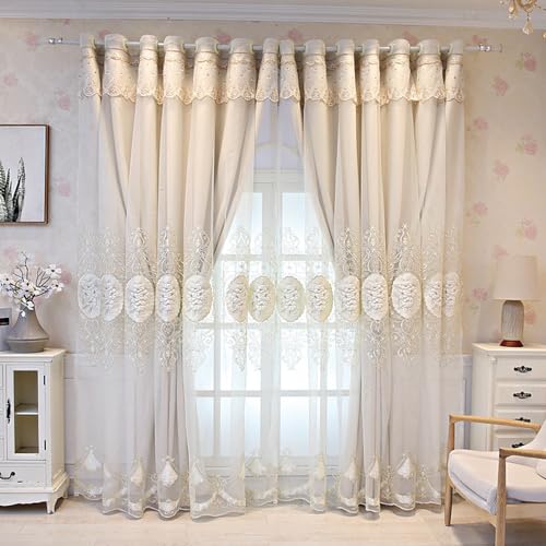 Amidoudou 1 Pair European Double Layer Blackout Curtains for Living Room Bedroom Luxury Embroidered Curtains with Valance (Beige,66 x 84 Inch)
