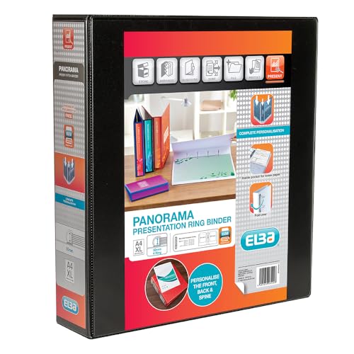 Elba A4 4-D Ring Binder, 50mm capacity, 70mm spine, Presentation Folder with Customisable Cover, Portrait, Black (Single)