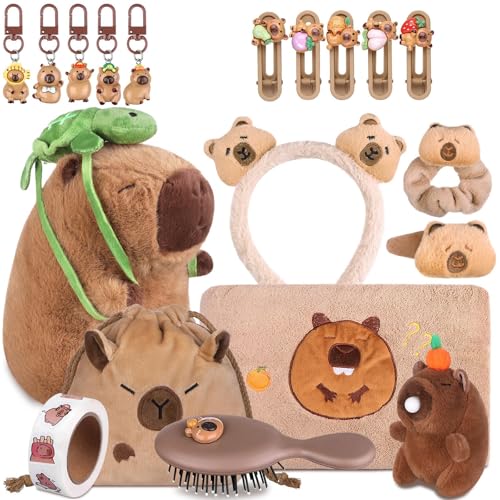 Capybara Gift Set for Girls Plush Toy & Accessories Kit with Plush Capybara Dolls Keychains Hairpins Headbands Bath Towel Drawstring Bag & Stickers for Kids Ages 4-12