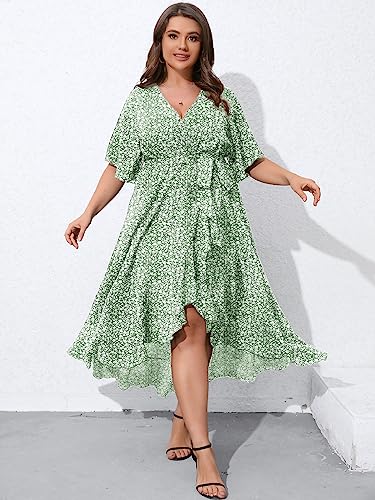 Image of SCOMCHIC Women Plus Size Maxi Dress Short Sleeve Wrap V Neck High Low Split Ruffle Long Dress