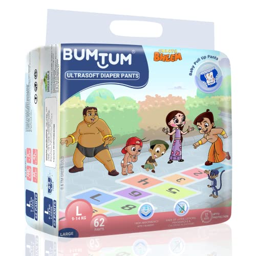 Image of Bumtum Chota Bheem Large Baby Diaper Pants, 62 Count, Leakage Protection Infused With Aloe Vera, Cottony Soft High Absorb Technology (Pack of 6)