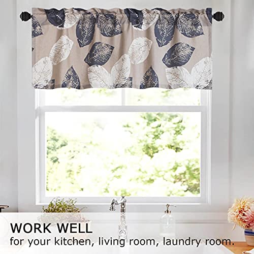 Vogol Leaves Print Valance Curtains For Bedroom, Rod Pocket Faux Linen Valances For Windows, Blue And White, 52 X 18 Inches, One Panel #TOP1