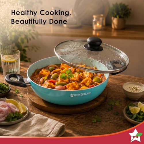 Image of Wonderchef Vitalife Non-Stick Kadhai & Glass Lid for Kitchen, 20cm, 1.4 L, Non-Toxic Coating, PFOA-Free, Cool-Touch Handles, Scratch-Resistant, Gas & Induction Compatible, 2-Yr Warranty, Teal Green