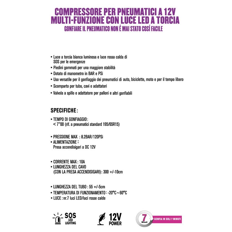 WEKGO Compressore Portatile 12V | Luce LED | Gonfia in 7 Min | Multifunzione
