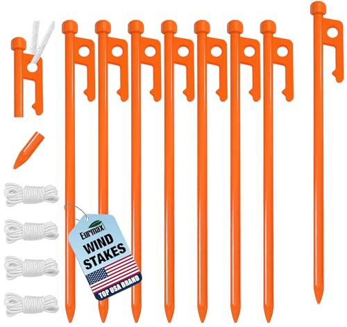 Image of Eurmax USA 8-Pack Secure Protection Galvanized Tent Stakes,Rust-Proof Steel Canopy Anchors for High Winds,Heavy Duty Commercial Ground Pegs for Camping,Pop Up Tent&Gazebo -Includes 4x10ft Ropes,Orange