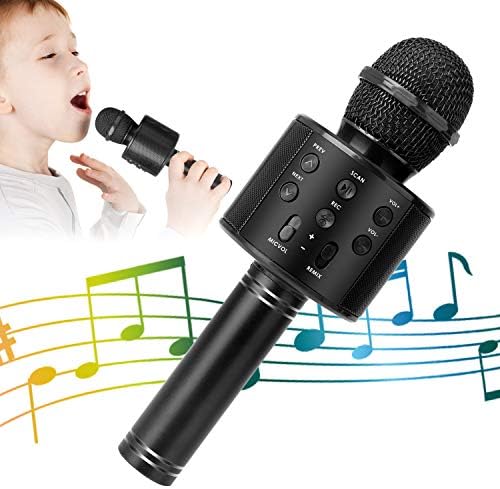KIDWILL Wireless Bluetooth Karaoke Microphone for Kids, 5-in-1 Portable Handheld Karaoke Mic Speaker Player Recorder with Adjustable Remix FM Radio for Kids Girls Boys Teens Birthday (Black)