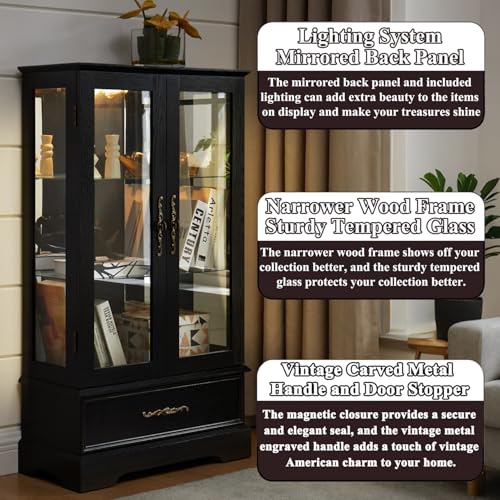 Image of 47 inch H Lighted Curio Cabinet Display Case, Glass Cabinet with Adjustable Shelves,Tempered Glass Door and Drawer, Wooden Curio Cabinet with Mirrored Back Pane for Living Room (Black)