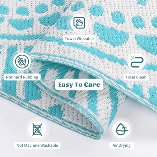 Ileading Large Plastic Outdoor Rug 8x10ft Modern Geometric Style Reversible Patio Area Rugs Waterproof Non Shedding Portable Carpets for Rv Outside Deck Pool Beach Picnic Camping (Teal) - Image 7