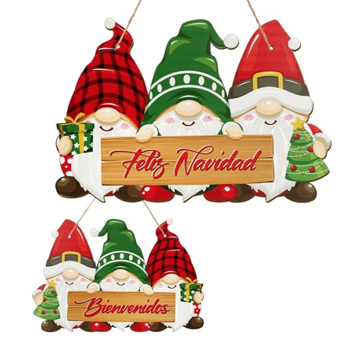LEMESO Letrero Colgante de Navidad para Puerta 30 x 20 cm, Cartel de Madera Doble Cara para Entrada Decoración Navideña de Casa