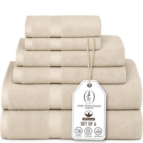 Premium Staple Cotton Bathroom Towel Set - Beige 600 GSM 6-Piece Luxury Bath Towel Set 1 Stripe - 2 Bath Towels 2 Hand Towels & 2 Washclothes Set - High Absorbent & Quick Dry for Gym Spa Hotel