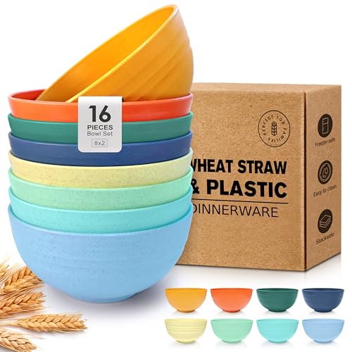 Teivio 16-Piece Cereal Bowls,26oz Wheat Straw Bowls Set, Unbreakable Durable Plastic Bowls for Kitchen, Camping, Kids Salad Snack Bowl Reusable,Dishwasher Safe, Multicolor