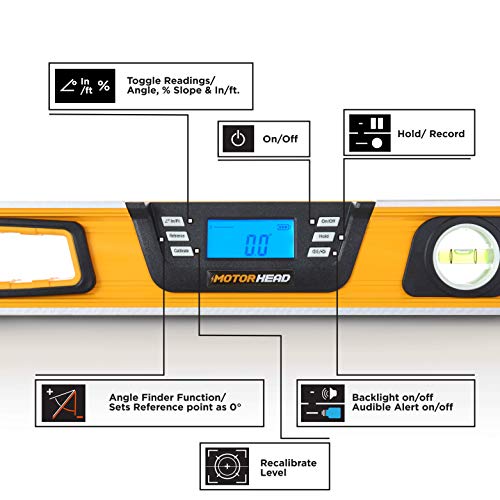Motorhead 24-Inch 0° - 180° Smart Digital Level, Lcd Screen, Audible Alerts, Water, Dust & Shock Resistant, Magnetic Bottom, Includes Bag, High-Visibility, Solid-Milled Aluminum, Usa-Based Support #TOP1
