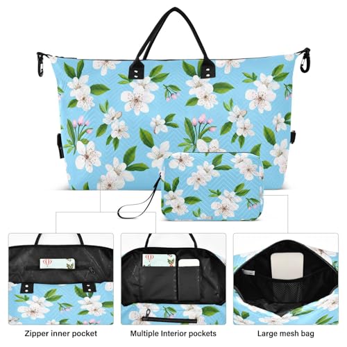 White Blossom Flower Travel Duffel Bag for Men Women with Makeup Bag Weekend Overnight Carry On Bags for Traveling Gym Workout2