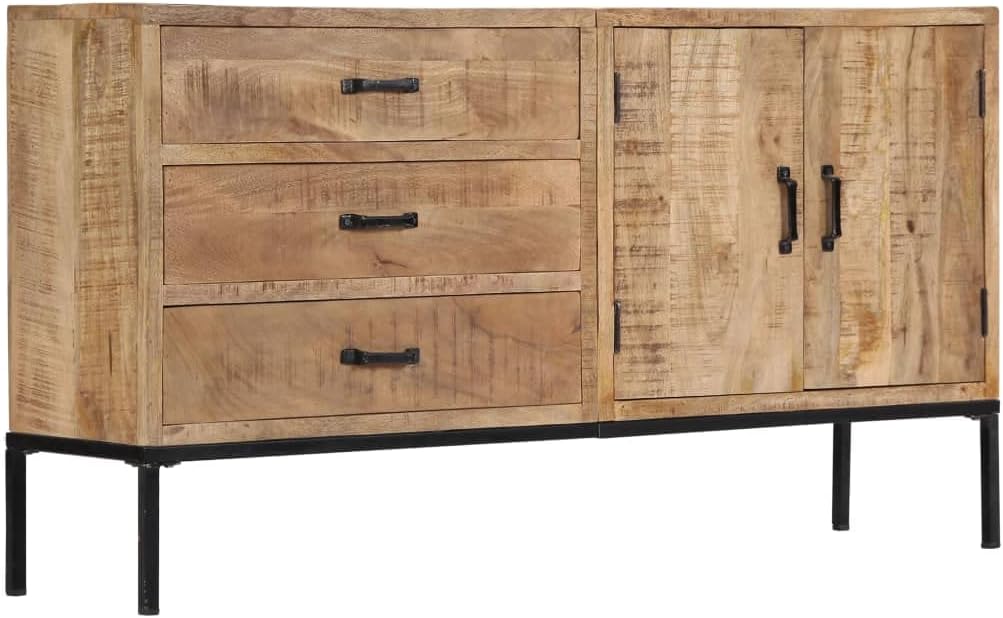 Solid Mango Wood Sideboard with 3 Drawers and 2 Cabinets, Rustic Brown Medium Storage Furniture for Dining Room and Living Area, Durable Construction and Spacious Organization