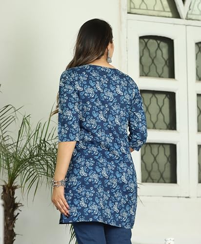 Image of Women's Floral Printed Rayon Short Kurti, Casual Ethnic Style, Side Slits, 3 /4 Sleeves, Regular Fit, for Jeans & Leggings