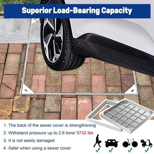 Stainless Steel Drainage Grate & Frame Square Hidden Septic Tank Cover Metal Inspection Lid for Yard Driveway Parking Area - Heavy-Duty Wastewater Basin Accessory
