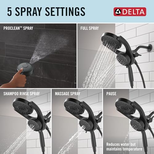 Image of Delta 5-Setting HydroRain 2-in-1 Dual Shower Head with ProClean Spray, Matte Black High Pressure Shower Head with Handheld Spray, 1.75 GPM Flow Rate, Matte Black 75419BL