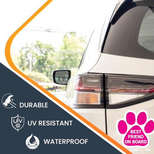 Image of Best Friend on Board Pink Pawprint Car Magnet 5 Inch 2 Pack, Dog Lover Gift | Heavy duty magnetic decal for car, truck, SUV or fridge, full color UV printed