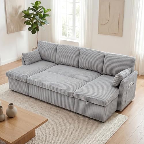 Image of Huatean Home Oversized Sleeper Sofa Couch, 100 inch 2 in 1 Pullout Couch Bed with Side Pockets for Living Room, Sectional Sleeper Sofa Bed with Double Storage Chaise, CloudGrey