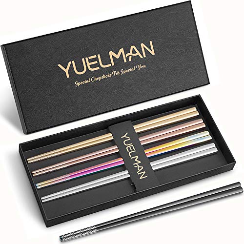 YUELMAN Reusable Metal Chopsticks Set-Multicolor 304 Stainless Steel Chopstick Non-Slip Design, Dishwasher Safe, 5 Pairs Gift Set (Rainbow)