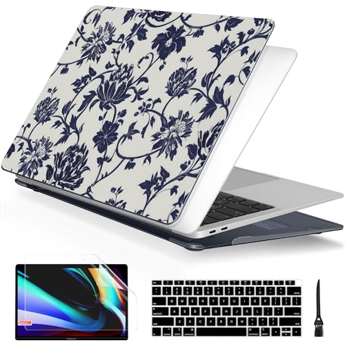 Batianda Case for M1 MacBook Air 13 Inch Model A2337 A2179 A1932 2020 2019 2018 Release,Slim Lightweight Protective Shell with Creative Pattern with Keyboard Cover & Screen Protector, Navy Flowers