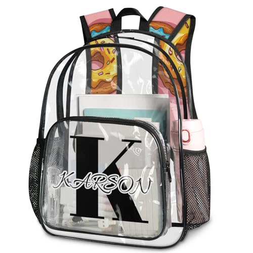 Personalized Large Clear Backpack Stadium Approved Heavy Duty PVC Plastic Custom Donuts Transparent Backpacks See Through Bag with Name, Sweet Donut