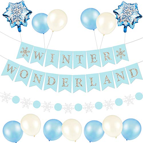 Silver Glittery Winter Wonderland Banner and Snowflake Garland- Christmas Holiday Party Decorations,Winter Wonderland Decor,Winter Wonderland Baby Shower Birthday Decorations,Snowflake Party Decorations