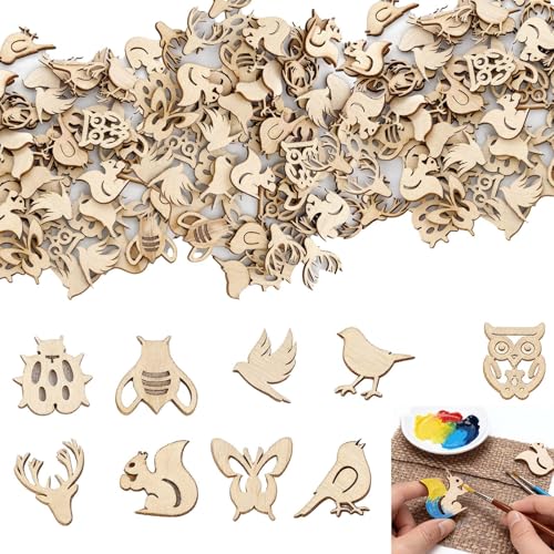 WYRGQIQN Tier Holz Bastel Set 150 Stück – DIY Deko Holztiere 30mm – Natur Holzformen für Kinder & Erwachsene – Tierfiguren zum Basteln für Weihnachten, Hochzeit, Geburtstag, Wanddeko – 3mm dick