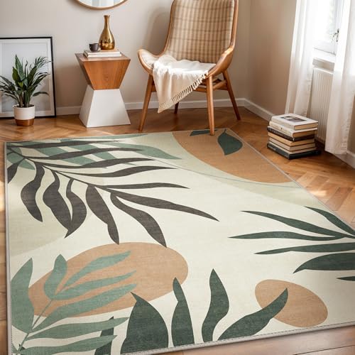 GENIMO Rug 180x275cm –Washable Quick Dry Polyester Mat, Non Slip Leaf Design Indoor Outdoor Carpet for Patio, Deck, Living Room, Camping, Balcony – Beige & Green