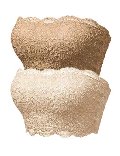TL Women s 3 Piece or Single Floral Lace Strapless Bra, Seamless Tube Top Bandeau Bralettes with Stertchy Chest Wrap Set2-Khaki_Nude Medium