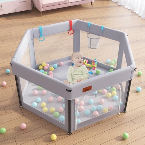 Baby Hexagon Foldable Playpen with Mesh Walls and Travel Bag
