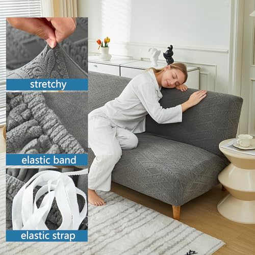 Housse de canapé extensible sans accoudoirs jacquard gris clair large