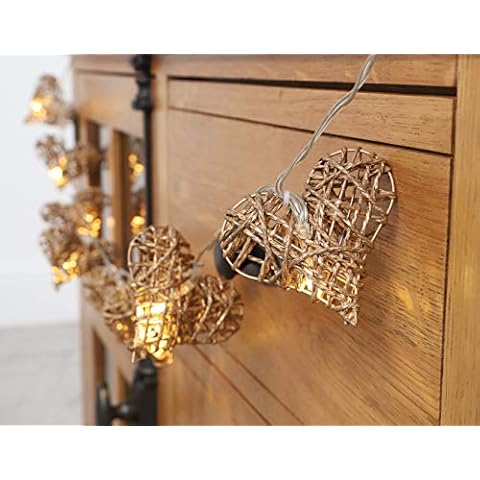 Christmas Concepts® 10 Gold Rattan Heart Lights with Warm White LED Lights - 1.5m Length - Battery Operated Cover