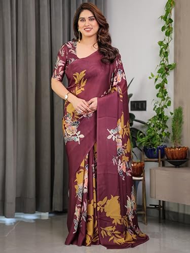 Image of ALMAARI FASHION Satin Georgette Floral Printed Saree with Blouse, 5.5 Meter Saree with 0.8 Meter Blouse, Traditional (SG 116 H)