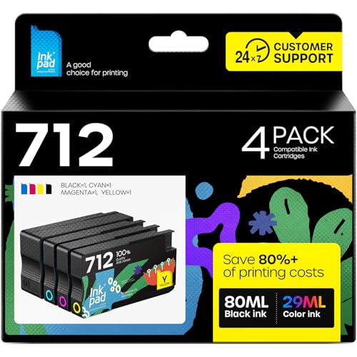 iNKPAD 712XL Ink Cartridge with Chip Compatible with HP 712 712XL Ink Cartridges High Yield for HP DesignJet T650 T630 T250 T230 T210 Studio Plotter Printer (4-Pack, Black Cyan Magenta Yellow)