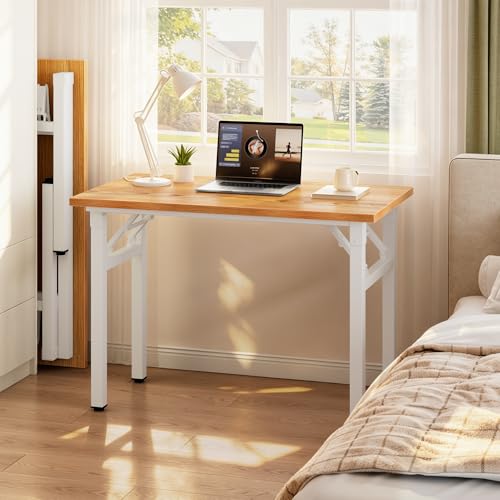 Image of Need 35.8 Inch Folding Desk for Small Spaces, Home Office Computer Desk with Teak Wood Top & White Frame, Foldable Writing Table for Study, Bedroom, Dorm Room & Student