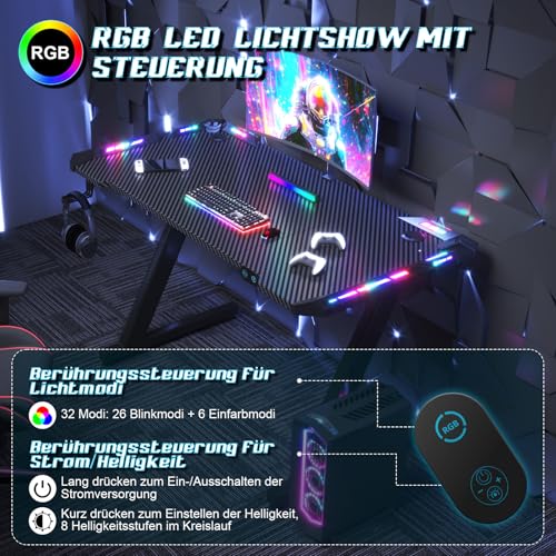 JUMMICO Gaming Tisch mit LED-Beleuchtung, RGB Gaming Tisch, Stabiler Computertisch für Homeoffice und Gamer,Gaming Schreibtisch mit Kopfhörerhalterung und Getränkehalter, 120 x 60 cm, Schwarz – Bild 5