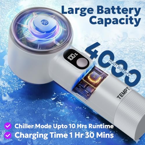 Image of TEMPT ICY Portable Cooling Hand Fan, 14000+ RPM Turbo Speed, USB-C, White | 12-Hour Runtime, Ultra Quiet 30dB, Smart LED Display, 4 Speed Settings, USB-C Fast Recharge, 4000mAh Battery, Portable Design