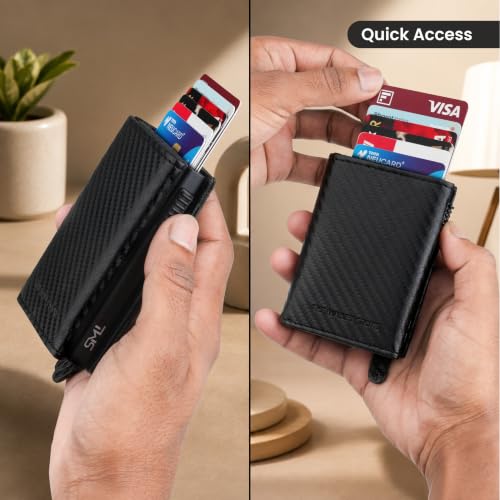 Image of The Wallet Store Defender RFID Protected Wallet | Pop-up Card Holder | Scan Proof Wallets for Men | Aluminium Case | Up to 8 Cards | Credit & Debit Card Holder (Carbon Fibre Edition)