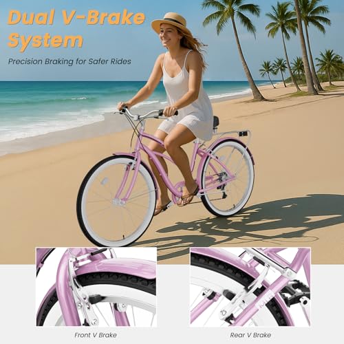 Image of MOONCOOL Beach Cruiser Bike for Women and Men, 24 /26 Inch 7-Speed Adult Bicycle, Comfortable Step-Through Frame with Rear Rack, Classic City Cruiser